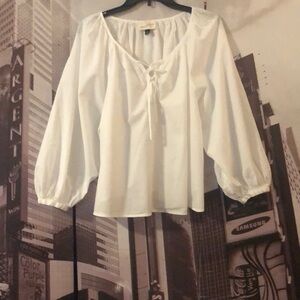 Universal Thread White Puff Sleeve Blouse with Tie Front (100 % Cotton)